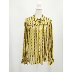 Maeve Anthropologie Dog Print Blouse Button Down Ruffle Collar Yellow 14